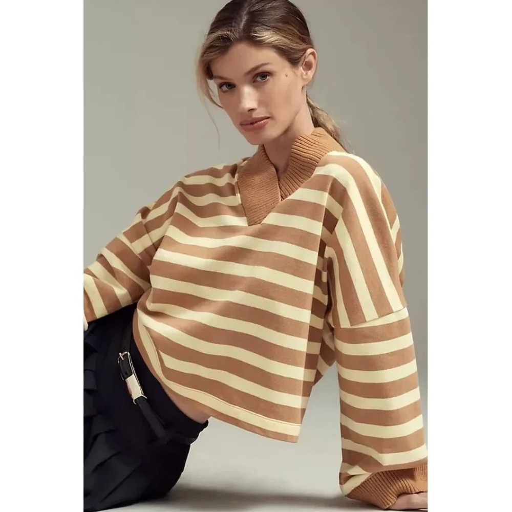 Maeve Pullover Top Women Medium Yellow Brown Striped Long Sleeve V-Neck